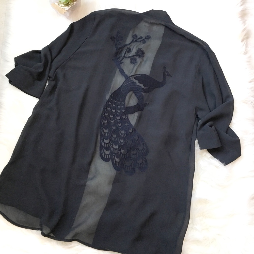 H&M Navy Sheer Chiffon Kimono with Peacock